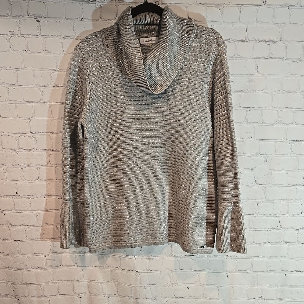 Calvin Klein Metallic Silver Cowl Neck Women's Sweater